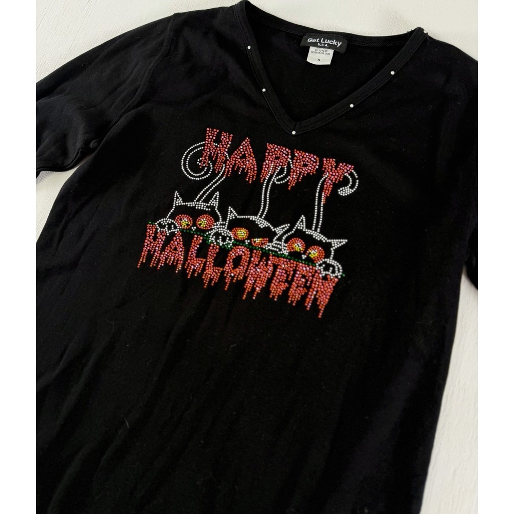 GET LUCKY USA Rhinestone Happy Halloween Peeking Three Scared Cats Top Women's S